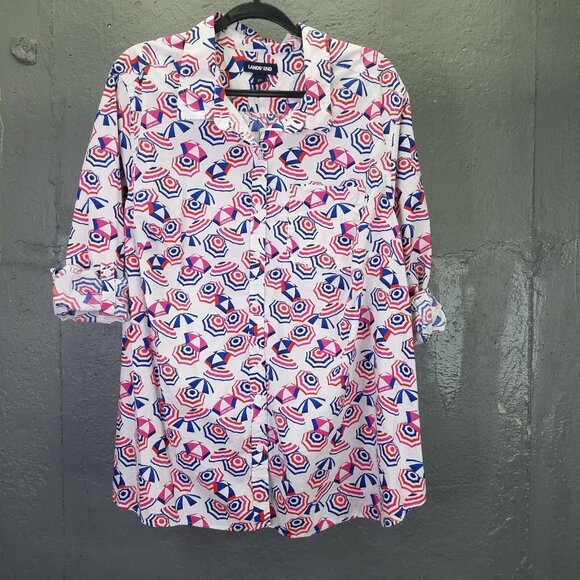 Lands End Button Up Shirt Women 2X 20-22 Cotton Roll Tab Sleeve Umbrella Print - Picture 2 of 15